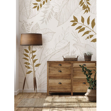 Hand Drawn Floral Leaves Peel and Stick Vinyl Mural Wallpaper, Gold, 24"x108"