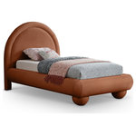 Meridian Furniture - Madrid Upholstered Bed, Cognac, Twin, Velvet - Transform your bedroom with the bold and sophisticated charm of the Madrid cognac velvet upholstered twin bed. Inspired by classic Art Deco design, this bed showcases a striking arched headboard and rounded edges for a unique, sculptural look. The luxurious velvet upholstery adds a layer of softness and warmth, making it a stunning centerpiece that combines artful design with everyday comfort.