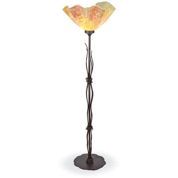 Wrought Iron River Reed Torchiere Floor Lamp With Glass Shade