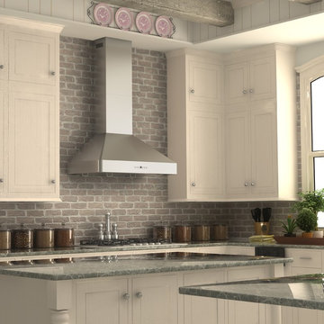 White farmhouse kitchen featuring a ZLINE KF2 Stainless Steel Range Hood