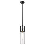 Innovations Lighting - Utopia 1 Light 15" Stem Hung Pendant, Matte Black, Clear Glass - Modern and geometric design elements give the Utopia Collection a striking presence. This gorgeous fixture features a sharply squared off frame, softened by a round glass holder that secures a cylindrical glass shade.