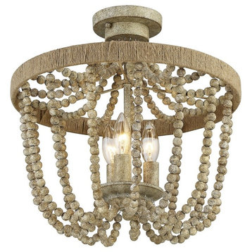 Trade Winds Lighting 3-Light Ceiling Light In Natural Wood With Rope