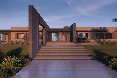 Imagen de fachada de casa beige moderna de tamaño medio de una planta con revestimiento de madera y tejado plano