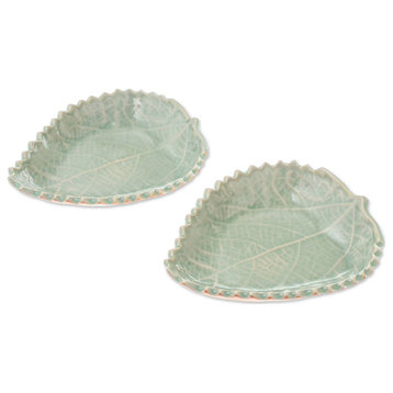 NOVICA Leaves Of The Forest And Celadon Ceramic Bowls  (Pair)