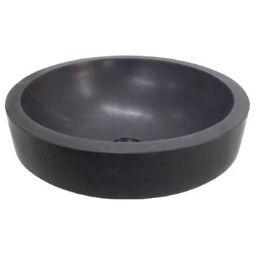 Modern Black Semi Recessed Lava Stone Round Bathroom Vessel Sink, 17"