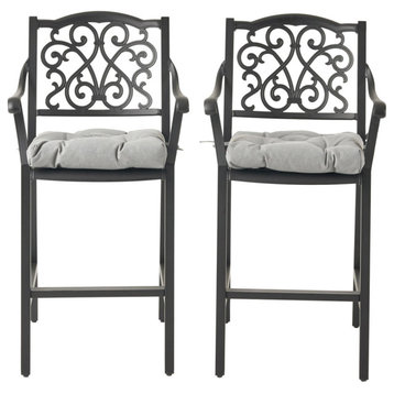 Roberta Outdoor Barstool With Cushion, Set of 2, Antique Matte Black/Charcoal