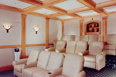 Home theater - large traditional enclosed carpeted home theater idea in Atlanta with white walls