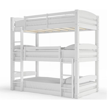 Transitional Triple Floor Bunk Bed, Safety Guardrails & Integrated Ladder, White