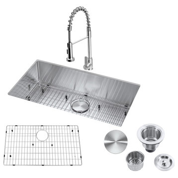 32"Undermount Kitchen Sink and Faucet  Drain AssemblyandStrainer, Bottom Grid
