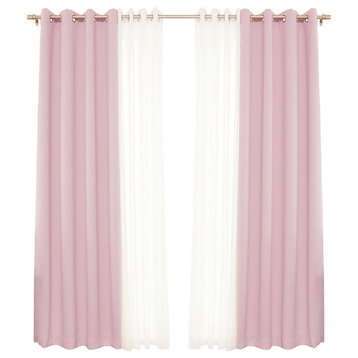 Gathered Sheer Linen and Blackout Curtain 4-Piece Set, Light Pink