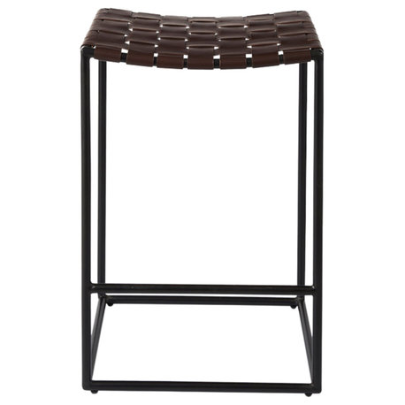 Clarissa Dark Brown Woven Leather Seat with Black Iron Frame Counter Stool