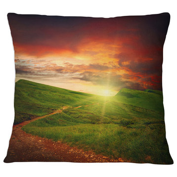 Majestic Sunset and Path in Meadow Landscape Printed Throw Pillow, 16"x16"