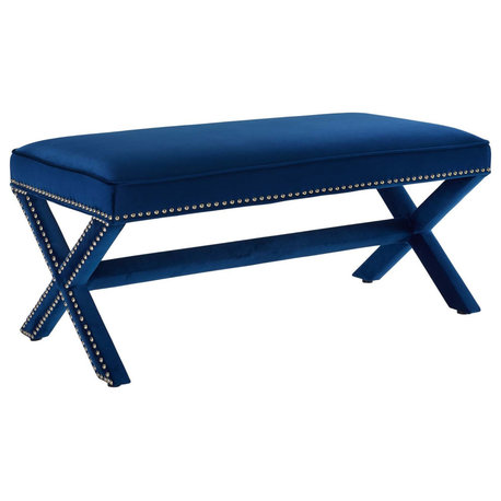 Rivet Performance Velvet Accent Bench - Classic Nailhead Trim X-Base Frame - St