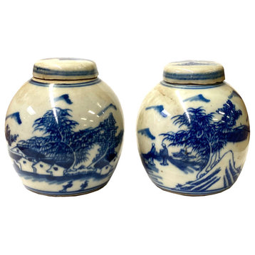 Pair Blue White Mini Oriental Graphic Porcelain Ginger Jars Hws950