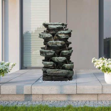 39" Tall Outdoor Multi-Tier Rock Water Fountain with LED Lights