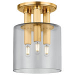 Hudson Valley Lighting - Hudson Valley Lighting Crystler 11.5" Flush Mount Aged Brass - Leaning into the visually tailored sensibilities, the Crystler flush mount features sleek geometries and sophisticated materials. A cluster of elongated socket cups in an Aged Brass finish pierces through a smoke glass shade to create a striking, stylish statement. Whether you opt for 3 or 5 lights, the density of the circular cluster packs a large punch of light into a small amount of space.