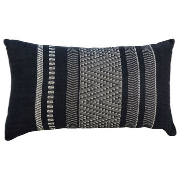 Zain Handwoven Cotton Blend 14x24 Lumbar Pillow, Black With Ivory Stitching