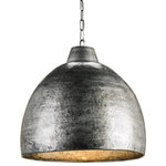 Currey & Company - Earthshine Large Pendant in Blackened Steel - Hammered, blackened steel is crafted by Currey & Company into this exceptional, domed pendant light. But it’s the golden glow on the interior of the Earthshine Pendant that brings the warmth of sunlight to a space. Made of wrought iron, this sturdy pendant will turn on its earthy good looks to illuminate an urban oasis or an edgy-cum-modern city loft.  This light requires 1 , 60W Watt Bulbs (Not Included) UL Certified.