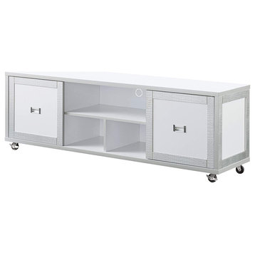 Contemporary TV Stand, Open Shelves & 2 Cabinets With Faux Croc Silver Accents