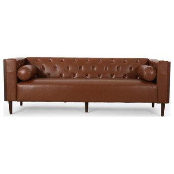 Lance Tufted Deep Seated Sofa With Accent Pillows, Cognac Brown/Espresso