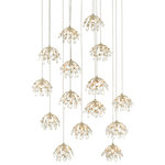 Currey & Company - Crystal Bud Round 15-Light Multi-Drop Pendant - The Crystal Bud Round 15-Light Multi-Drop Pendant dangles flowers made of delicate faceted crystals from its canopy to make the shades effervescent and graceful. The silver pendant is luminous in its mix of painted silver and contemporary silver leaf finishes. This fixture is among Currey & Company's introduction of cluster lights, which includes 1-light up to 36-light configurations. We also have a number of chandeliers and orbs, and a wall sconce in this family of fixtures.
