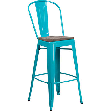 30" High Crystal Teal-Blue Metal Barstool With Back and Wood Seat