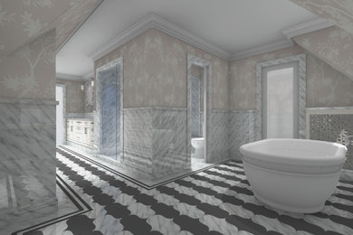 Inspiration for a huge timeless master black and white tile and marble tile marble floor, multicolored floor, double-sink and wainscoting bathroom remodel in Seattle with raised-panel cabinets, white cabinets, a one-piece toilet, multicolored walls, stainless steel countertops, a hinged shower door and a built-in vanity