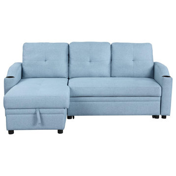 Modern L-Shaped Sleeper Sofa, Padded Seat & Sloped Arms With Cupholders, Blue