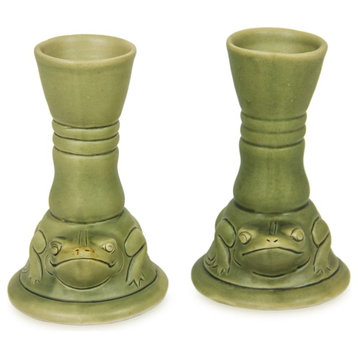 Handmade Yoke Frog  Ceramic candleholders (pair) - Indonesia