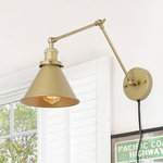 LALUZ - Transitional Swing Arm Wall Lamp Adjustable Wall Sconces Plug-in Sconces - This transitional swing arm wall lamp is an attractive task and reading light.It features an elegant champagne, golden finish with a bell shade. Functional swing arm extension allows you to direct the light up and down.