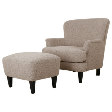 Gerald Boucle Upholstered Club Chair and Ottoman Set, Warm Stone Gray/Matte Blac