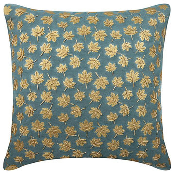 Designer Blue 16"x16" Throw Pillow Cover Denim Maple Foil Zardosi - Maple Gold