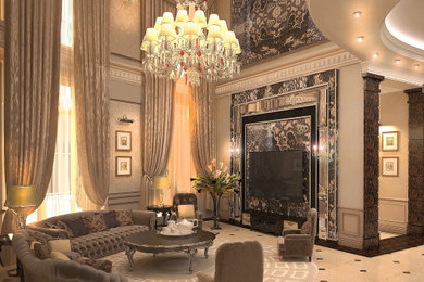 Diseño de salón para visitas tipo loft clásico grande con paredes beige, suelo de mármol, pared multimedia, suelo multicolor y bandeja