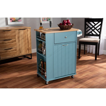 Contemporary Kitchen Cart, Garbage Cabinet & Top With Cup Holders, Sky Blue