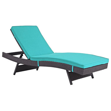 Patio Chaise Lounge, Espresso Wicker Frame and Adjustable Padded Seat, Turquoise