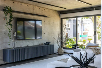 Ejemplo de salón abierto minimalista grande con paredes grises, suelo de cemento, pared multimedia y suelo gris