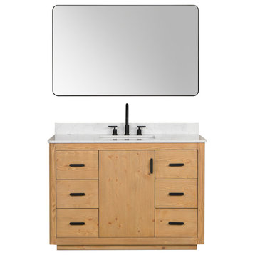 Perla Bathroom Vanity, Natural Wood, White Composite Stone Top, 48", With Mirror