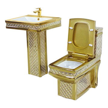 Decorative Gold Pedestal Sink, Toilet, and Faucet Set