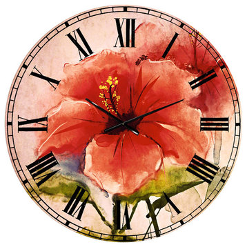 Watercolor Painting Red Hibiscus Flower Floral Metal Clock, 36x36