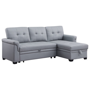 Lexi Vegan Leather Reversible Sleeper Sectional Sofa With Storage Chaise, Gray