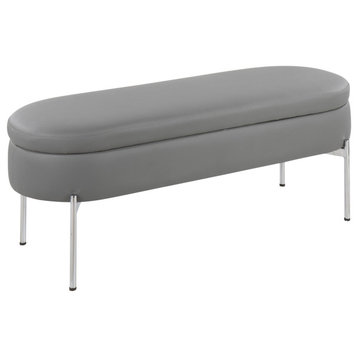 Chloe Contemporary/Glam Storage Bench, Chrome Metal/Gray Faux Leather