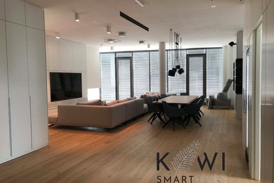 Minimalist medium tone wood floor home theater photo in Other with white walls and a media wall