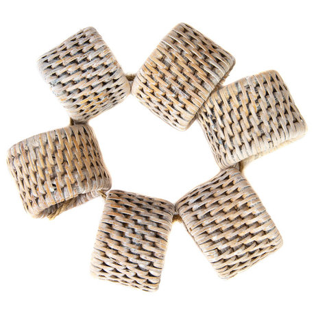 Artifacts Rattan Oval Napkin Rings 6 Piece Set, White Wash