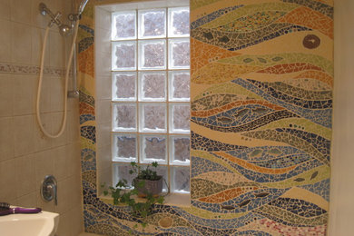 Bathroom - mid-sized modern master multicolored tile and mosaic tile bathroom idea in Toronto with beige walls