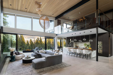 Large trendy open concept porcelain tile, white floor and wood ceiling living room photo with white walls, a standard fireplace and a concrete fireplace