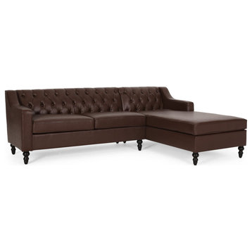 Sectional Sofa, Birch Bun Feet & PU Leather Seat With Tufted Back, Dark Brown