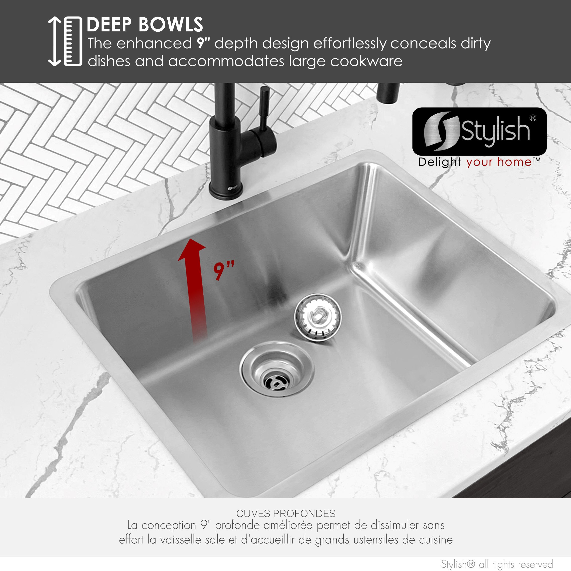 STYLISH 21 inch Single Bowl Undermount and Drop-in Stainless Steel Kitchen Sink