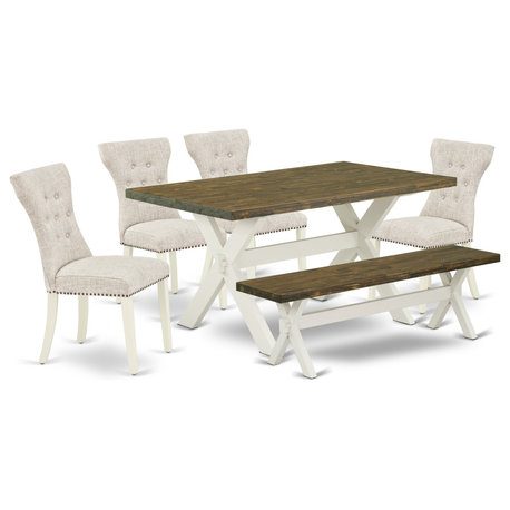 6-Piece Set, Doeskin Seat Chairs, Bench and Top Table With Wooden Legs