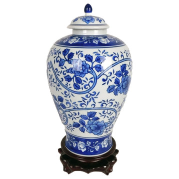 12" Blue and White Porcelain Melon Jar With Lid