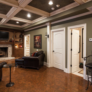 75 Beautiful Cork Floor Basement With A Brick Fireplace